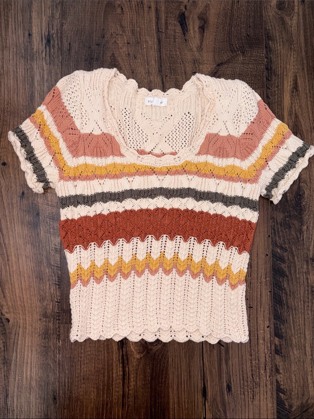 NWOT Cream Multicolor Zigzag Knit Short Sleeve Top